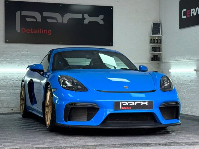 Porsche GT4 'Back to factory' inside / outside reset .Following a recent European road trip we removed the wheels to properly access the arches, shocks and wheel barrels. After the exterior decontamination the front end ppf was also heat treated to remove the remaining bug etchings and all exterior surfaces covered with Ceramic Pro Care+.......#parxdetailing #detailing #boxfresh #factoryreset #porsche #porschegt4 #detailingsussex #roadtrip #porscheownersclub #detailinghaywardsheath #cars #blue #sussex #paintprotection
